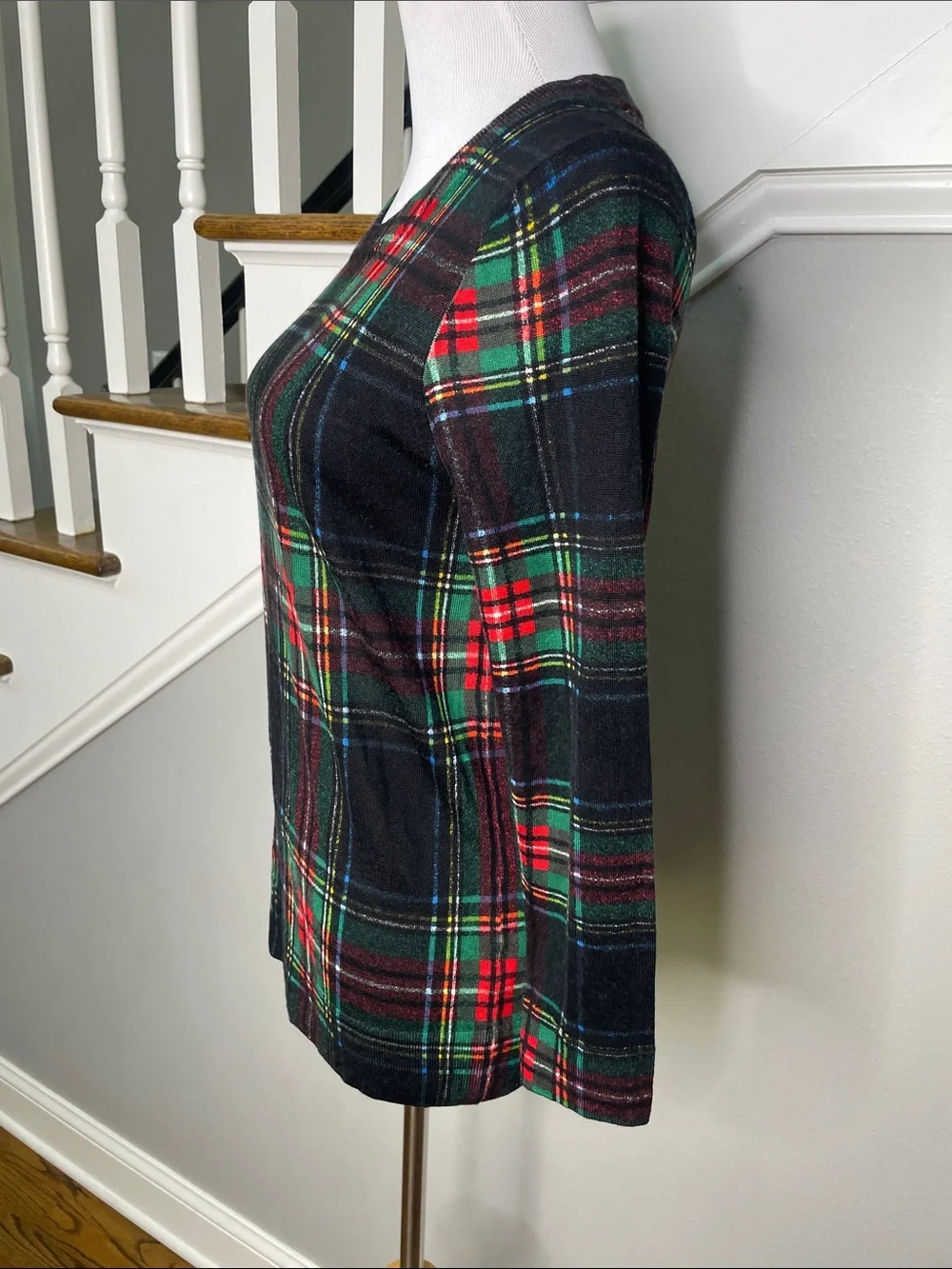 J. Crew Tartan Plaid Merino Wool Lightweight 3/4 Sleeve Sweater